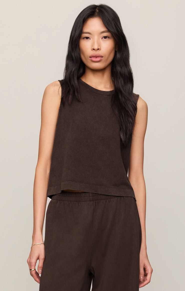 Sloane jersey muscle tank in dark chocolate, sleeveless crew neck with wide-leg pants
