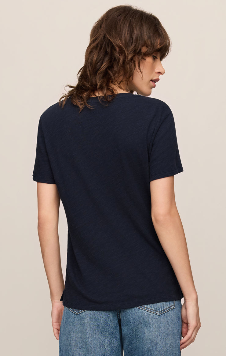 Navy slub knit crew-neck t-shirt, short sleeves, shown from back