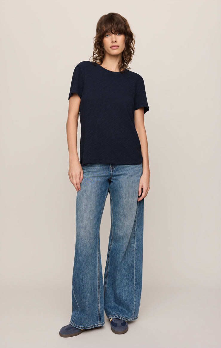 Navy slub knit crew-neck t-shirt with short sleeves and straight hem