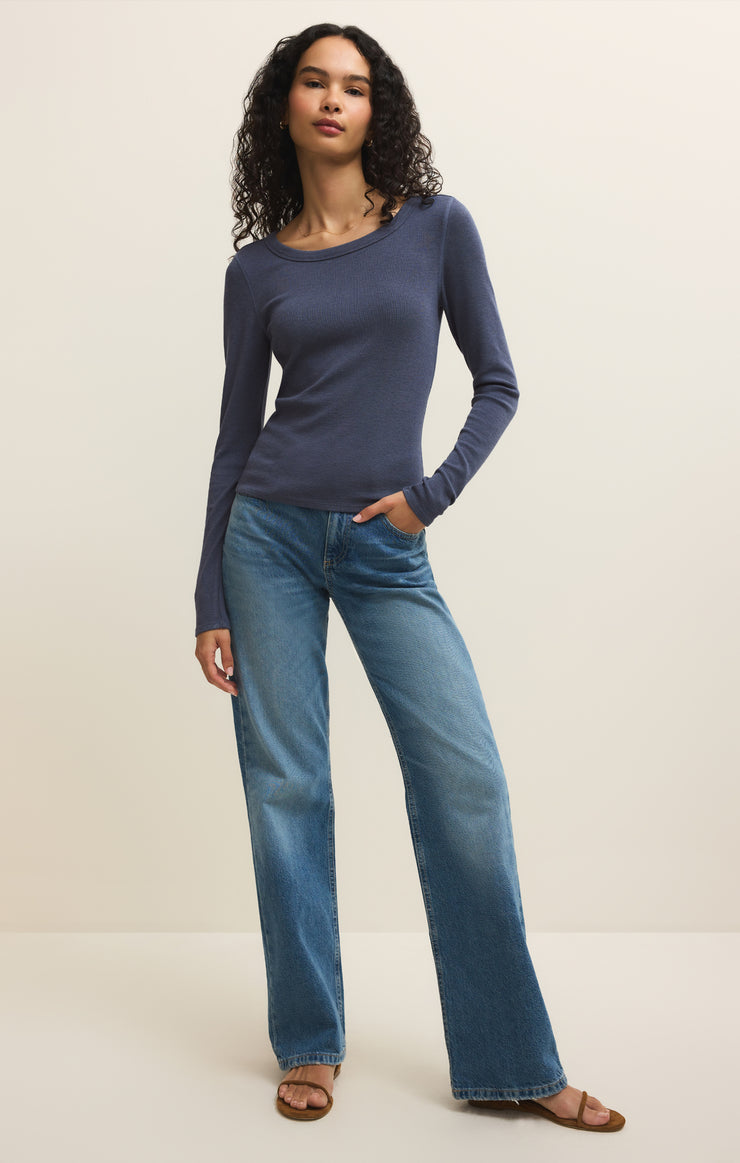 Renae Slub Long Sleeve Top - Indigo
