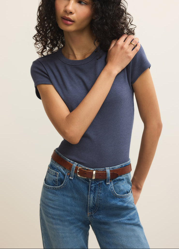 Renae Rib Short Sleeve Top - Indigo