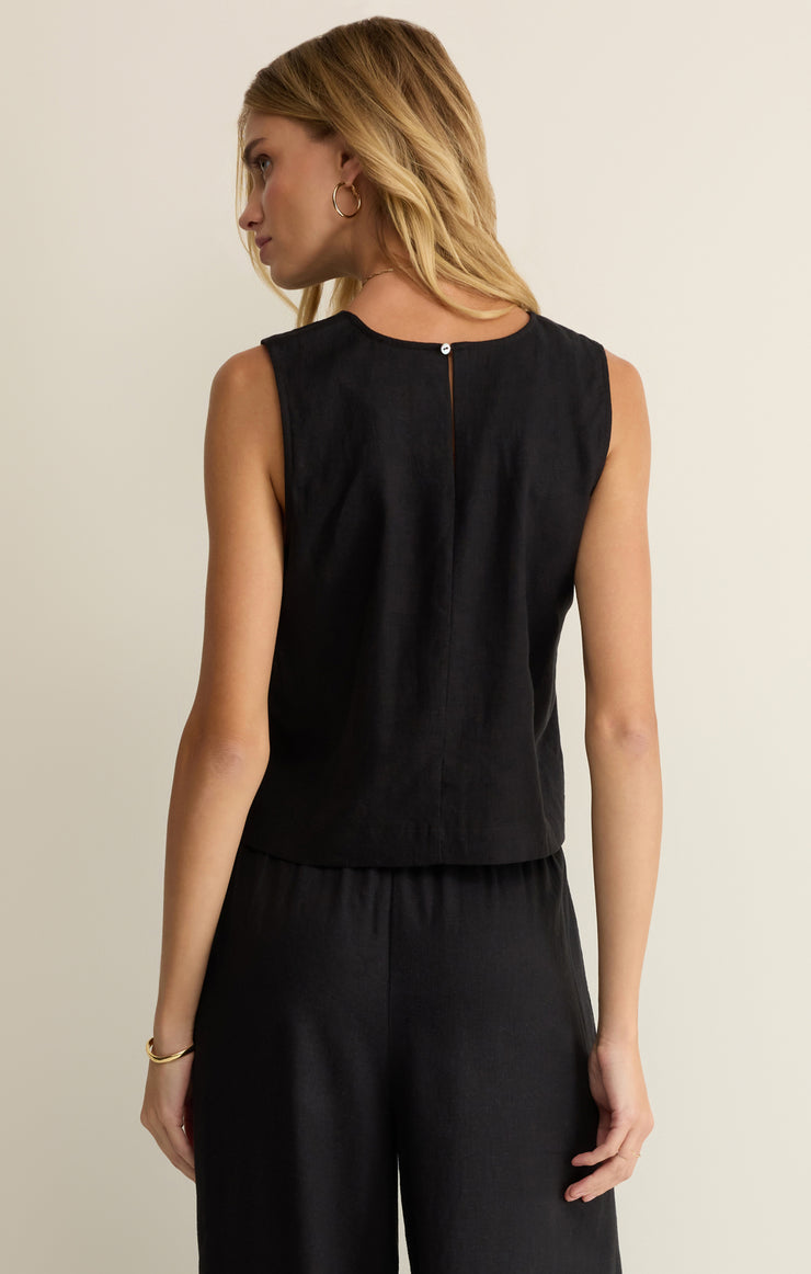 Sloane black linen sleeveless top with keyhole and button at the back neckline
