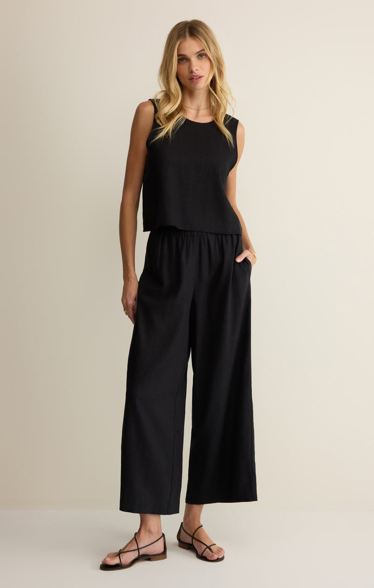 Sloane black linen sleeveless top with gathered waist and cropped straight body