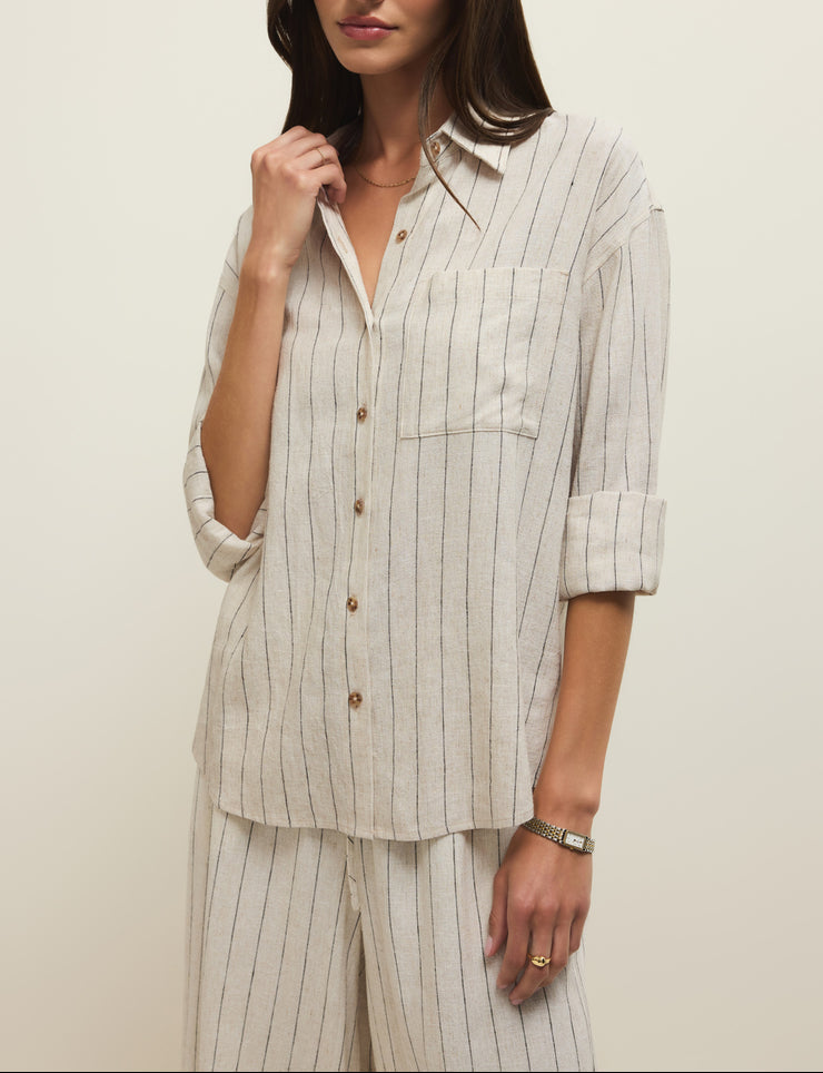Alfie Striped Button Up Top - Linen