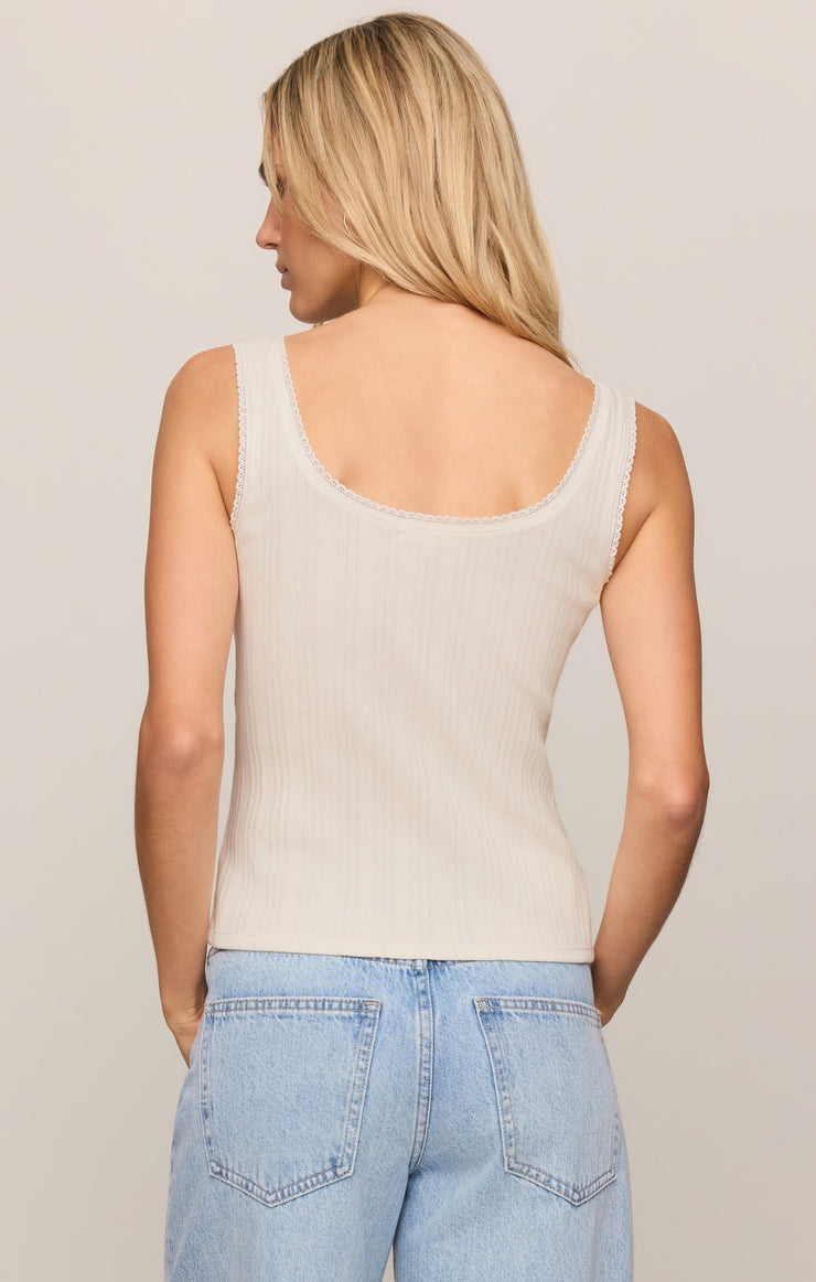 Sleeveless cloud button tank, scoop back, vertical button front with textured knit