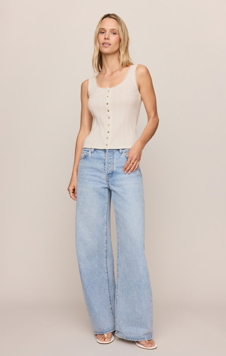 Sleeveless cloud button tank with button placket and ribbed pointelle texture