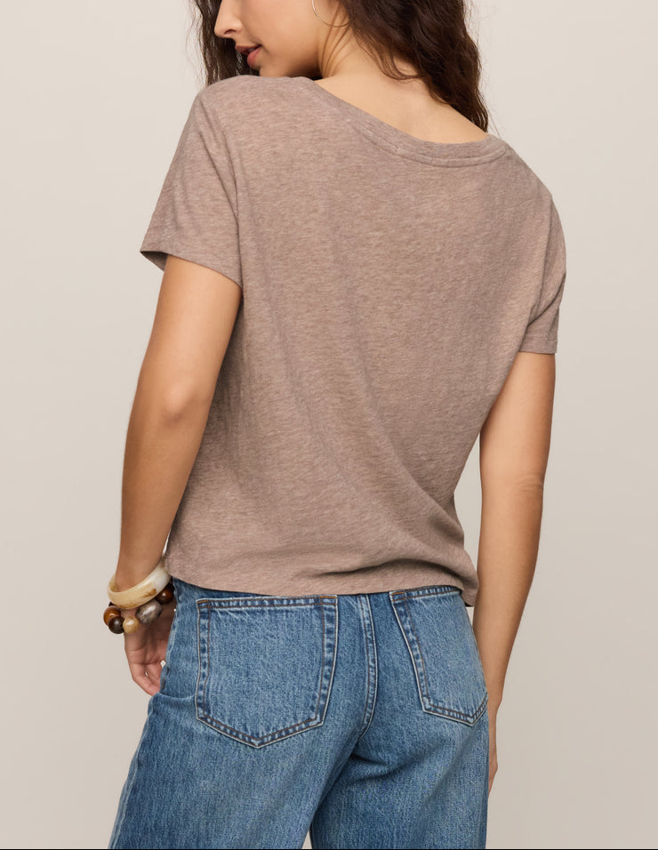 Heather ash short-sleeve tee with scoop back and draped shoulders