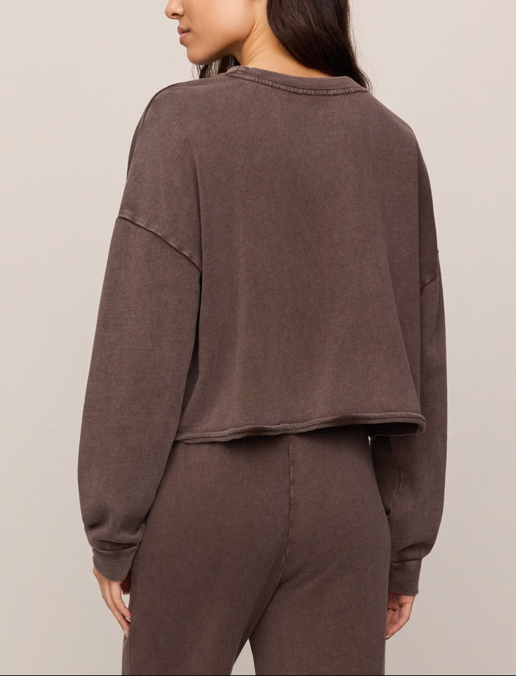 Dark brown crew neck sweatshirt, back view with dropped shoulder seams