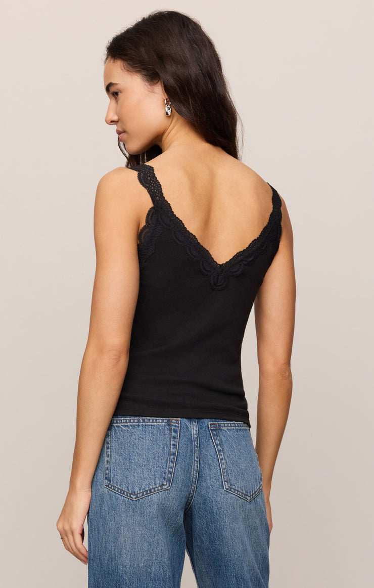 Black lace-back camisole tank with scalloped lace V-back and thin straps