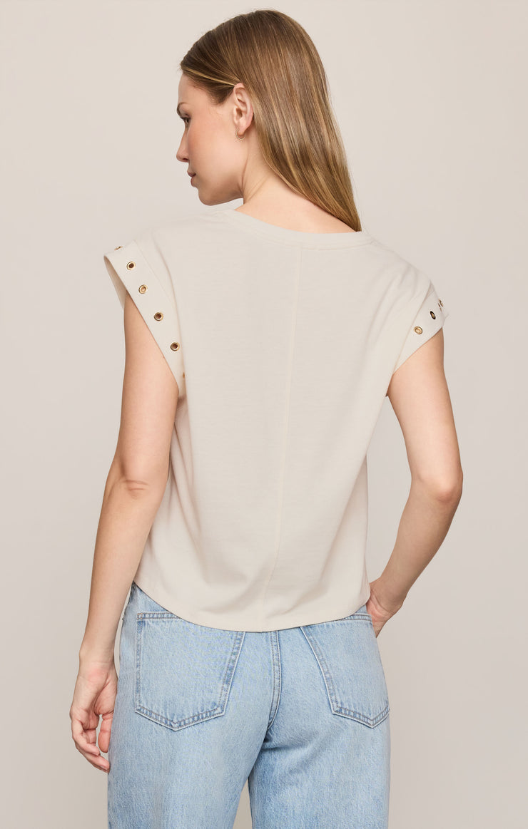 Sandstone grommet cap-sleeve top with eyelet shoulder details, back view