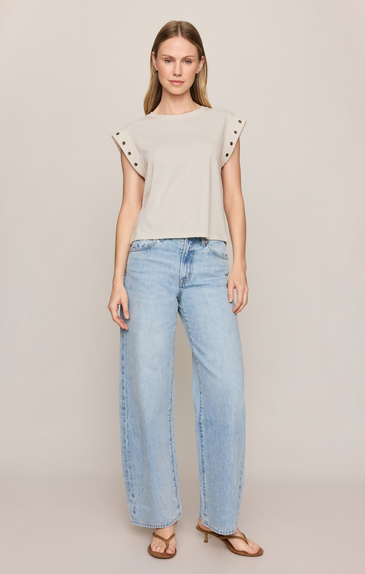 Sandstone cap-sleeve grommet top with crew neck and eyelet-detailed shoulders