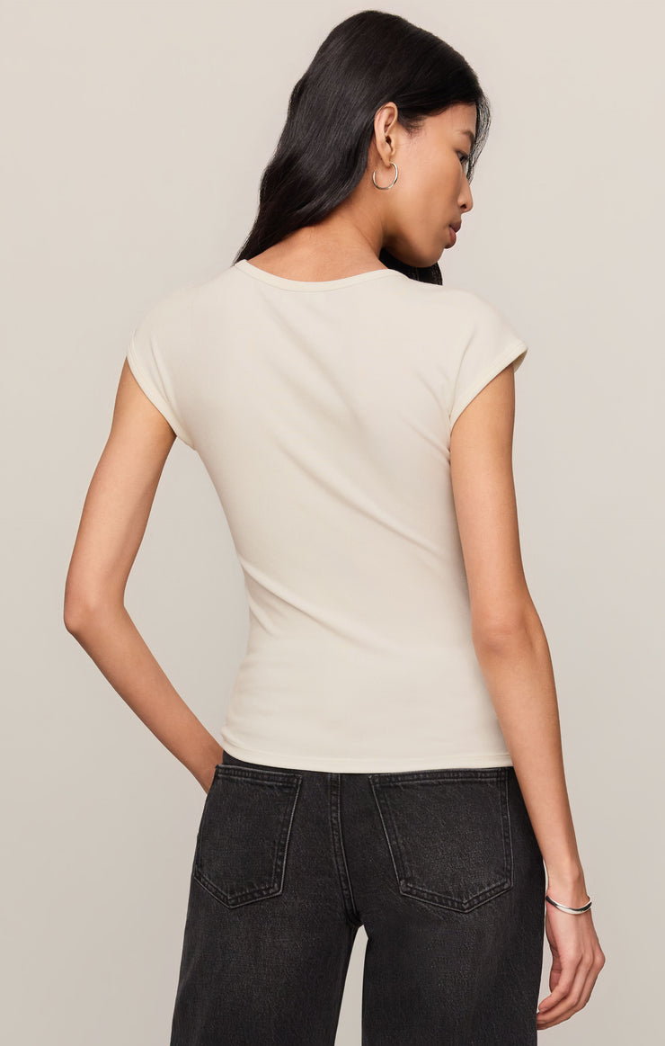 Second-skin short-sleeve top, cream-beige back view with curved neckline