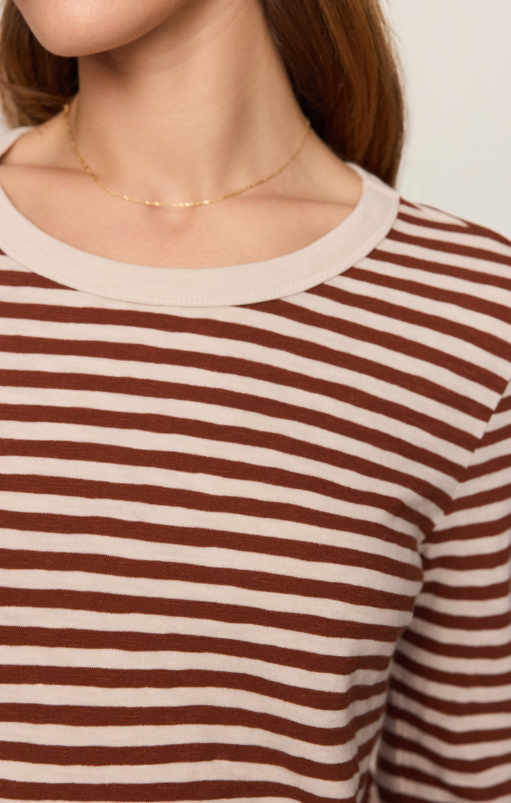 Crew-neck striped slub tee close-up, dark rosewood and cream horizontal stripes