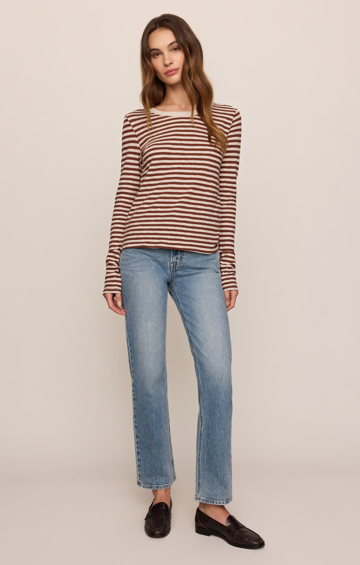Long-sleeve striped slub tee with dark rosewood and cream stripes, crew neck
