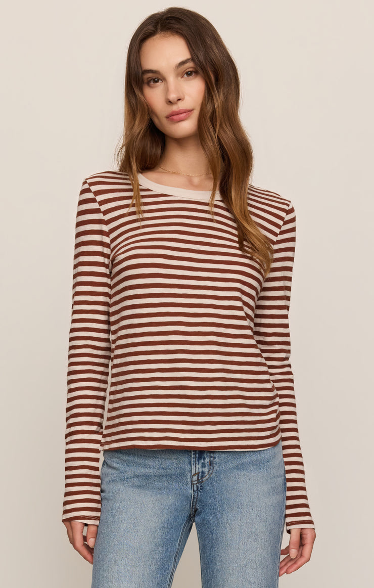 Long-sleeve striped slub tee with dark rosewood and cream horizontal stripes