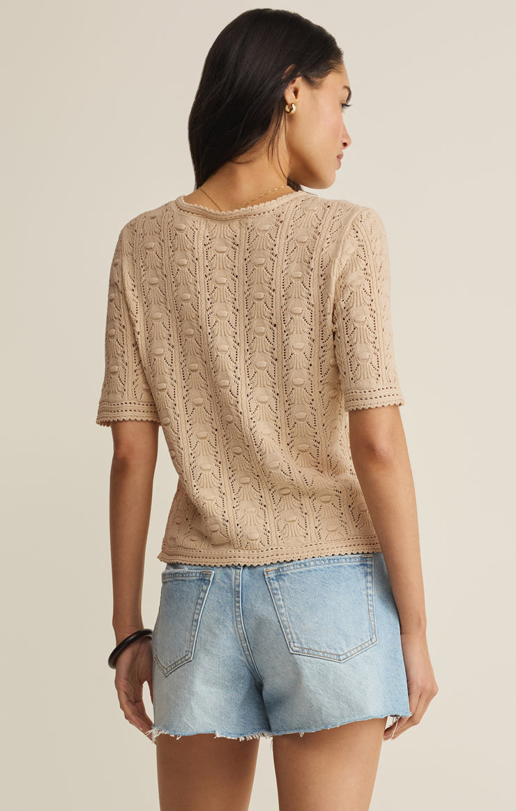 Adria  Pointelle Cardigan Sweater Top - Island Coconut