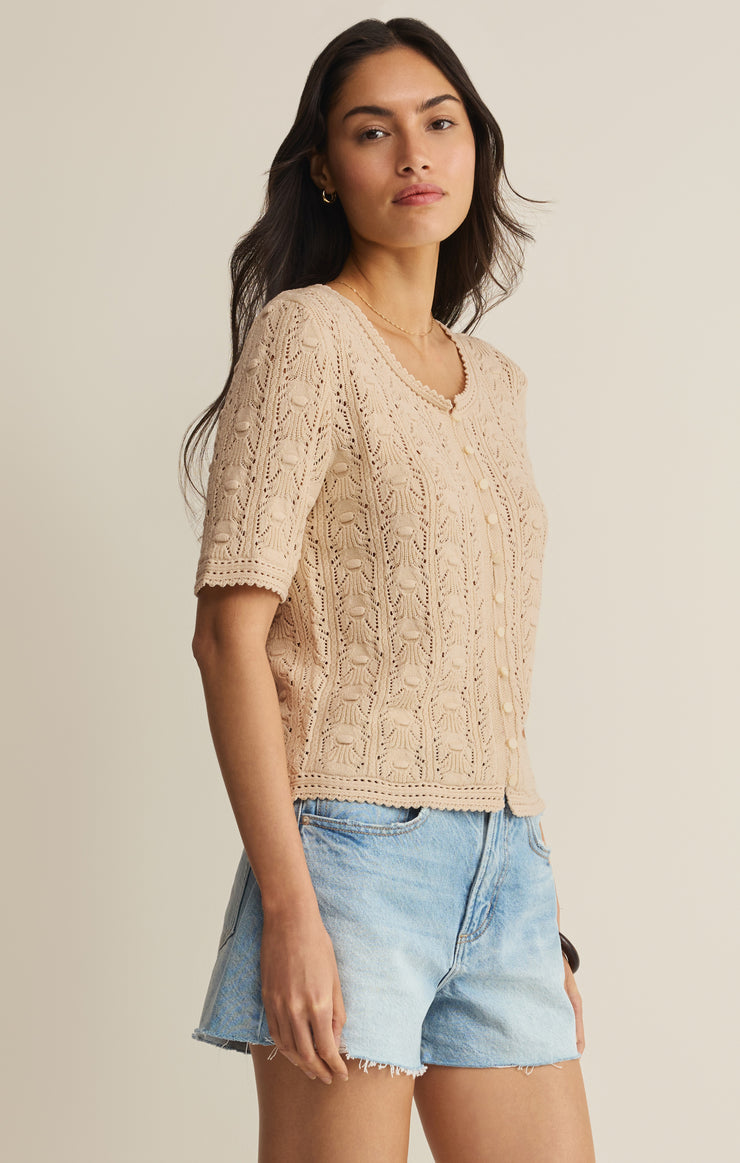 Adria  Pointelle Cardigan Sweater Top - Island Coconut