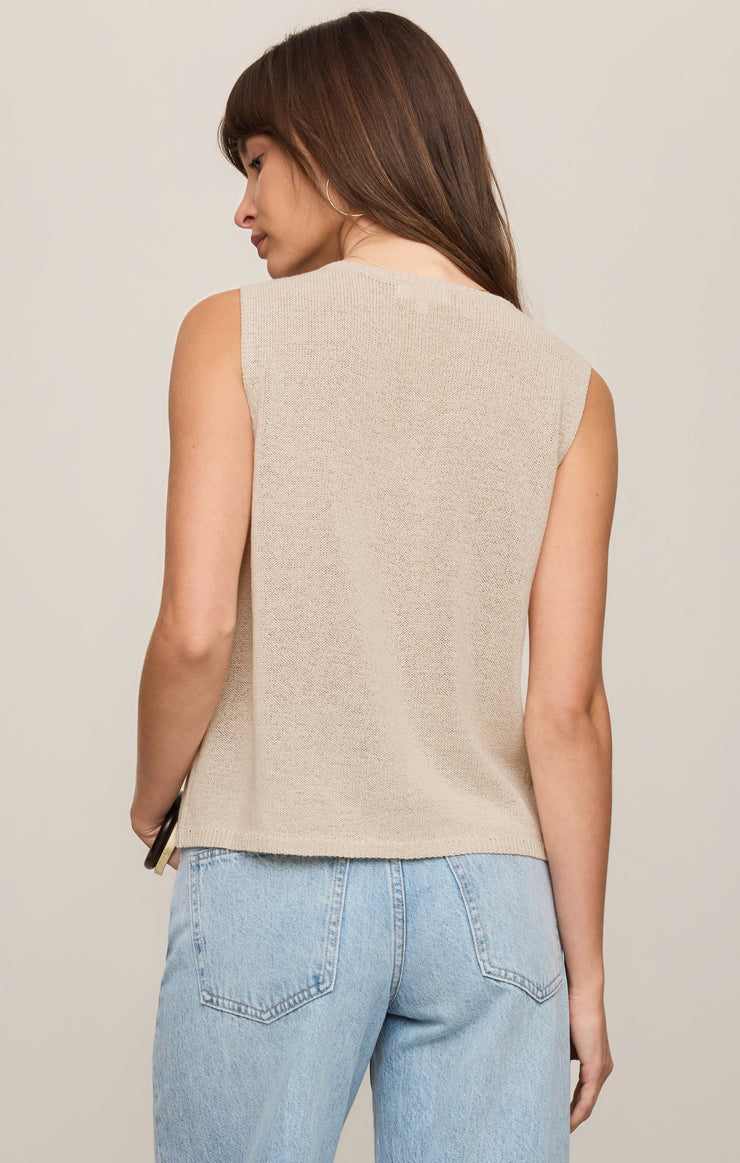 Sandstone knit sweater vest, sleeveless with scoop back and straight hem