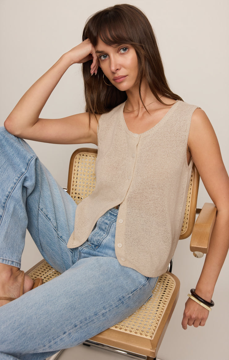 Sandstone sleeveless knit sweater vest with scoop neck and button-front opening