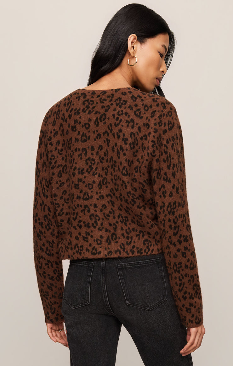 Burnt umber leopard-print cardigan with long sleeves, back view