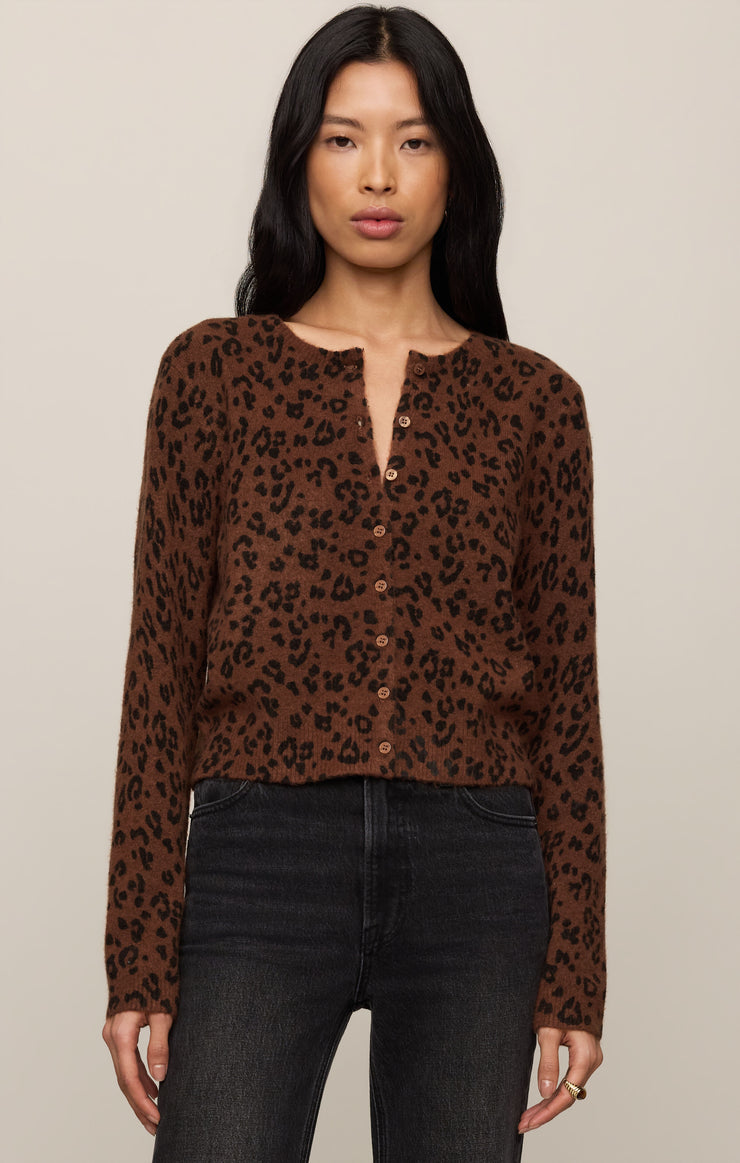 Leopard-print cardigan with button front, V-neck, long sleeves in burnt umber