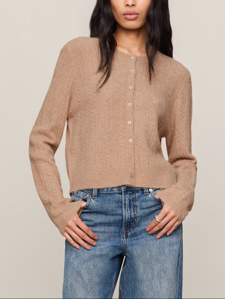 Macaroon pointelle cardigan with button front, long sleeves, beige knit texture
