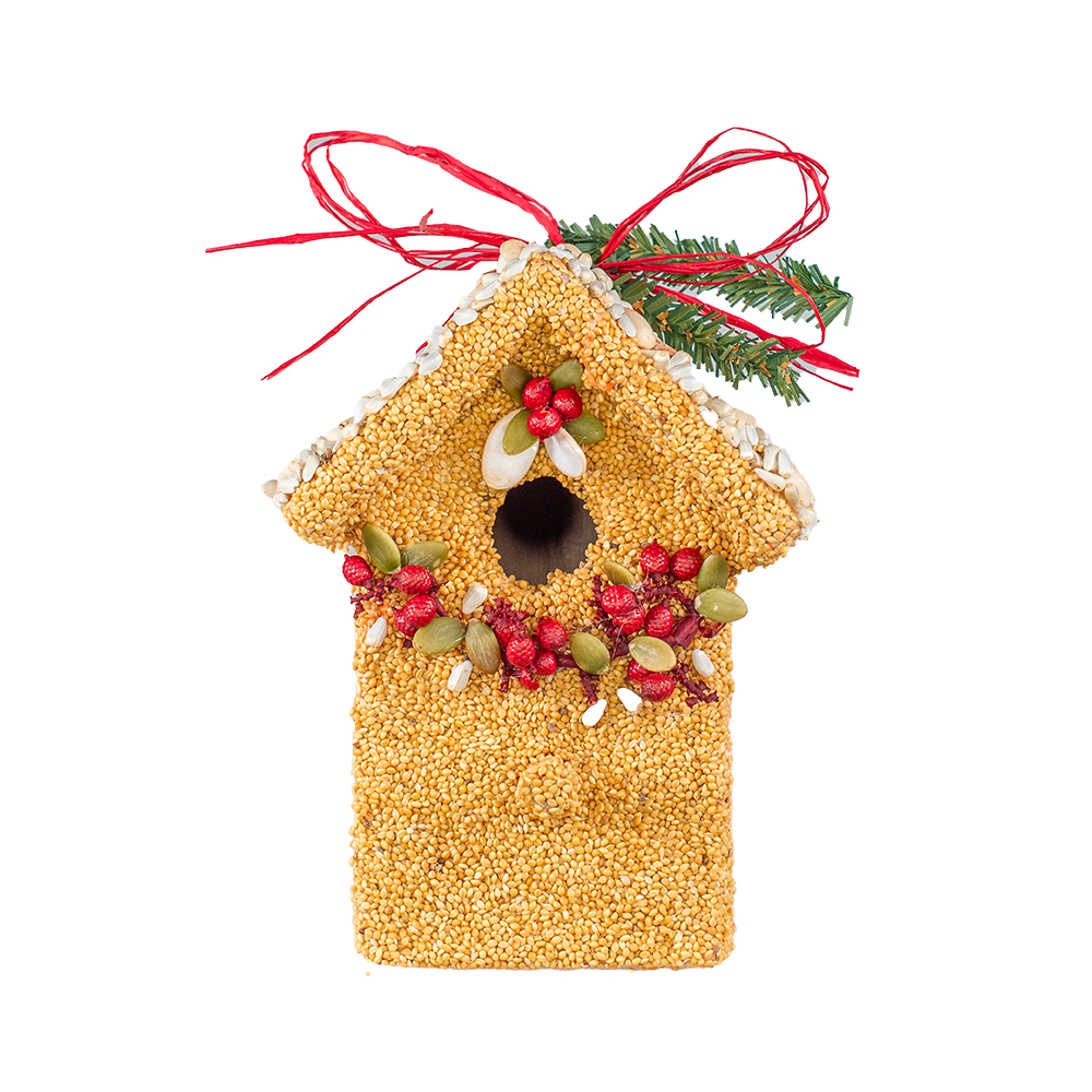 Hanging seed birdhouse ornament with red ribbon, evergreen sprig, red berries, white flower