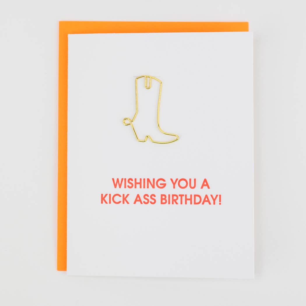 Birthday letterpress card with gold boot outline and red message, orange border on edges.