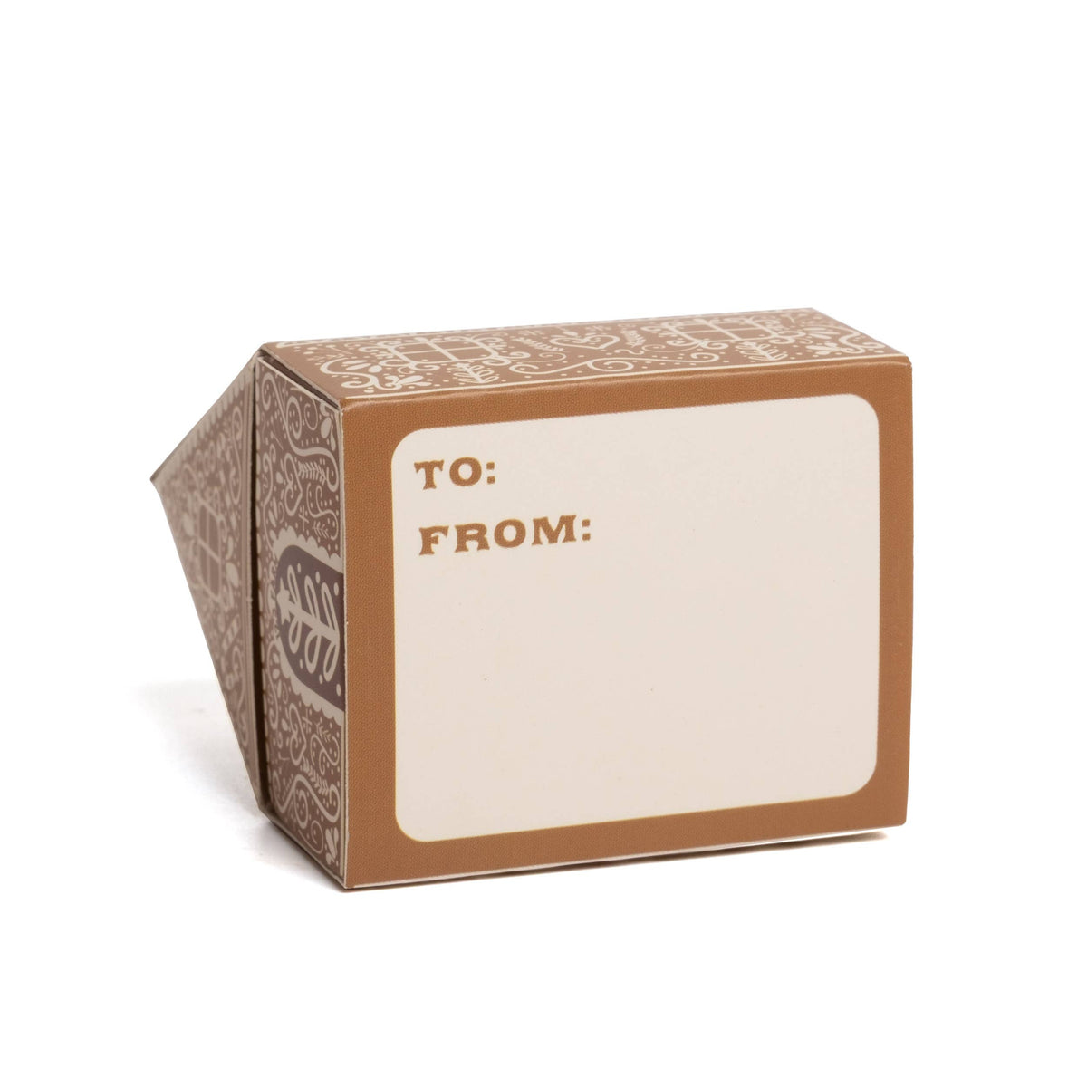 Gingerbread house matchbox side label with TO: FROM: text