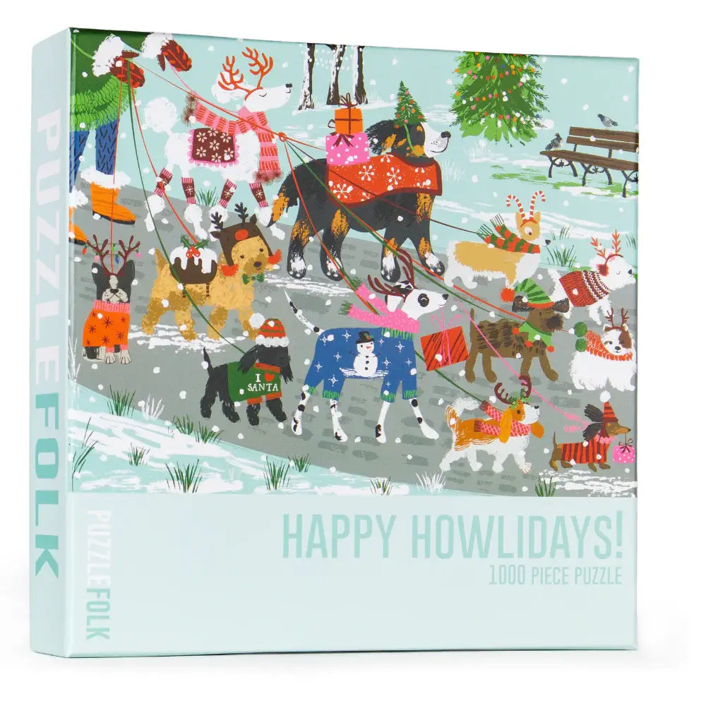 Happy Howlidays 1000-piece puzzle box with snowy pet holiday illustration