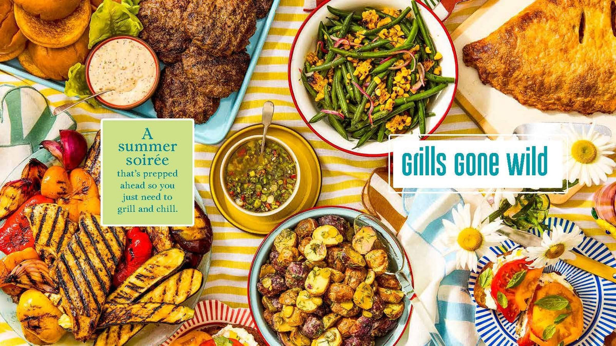 Summer party recipe collage with grilled foods, salads, and striped table decor.