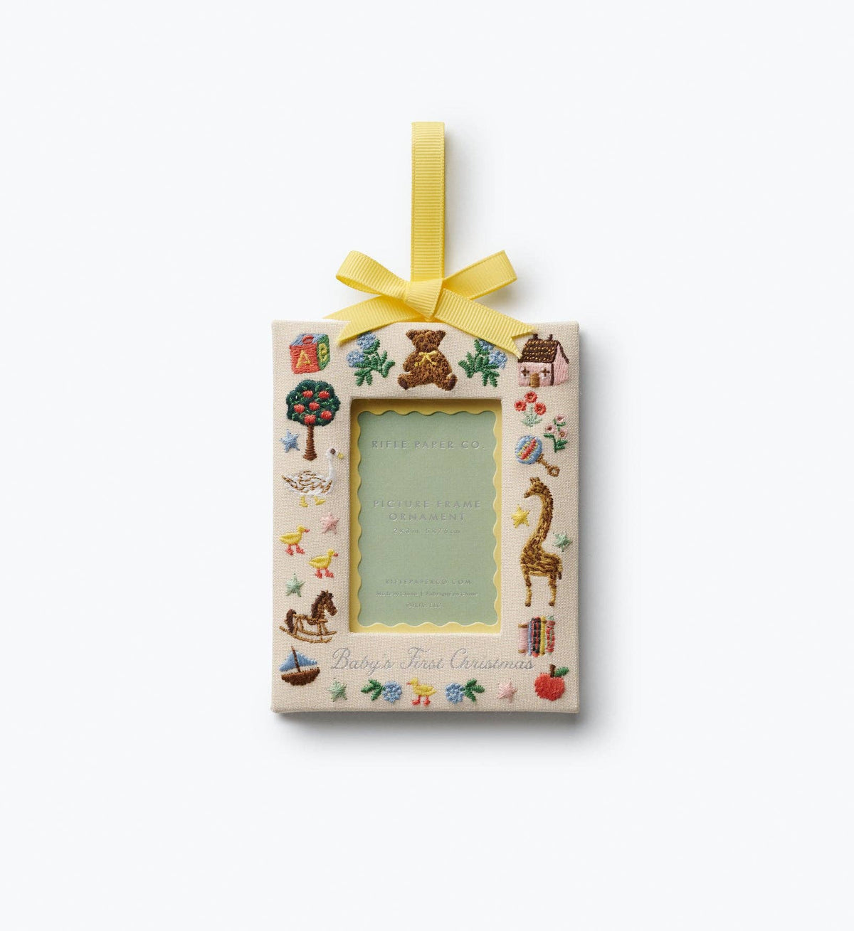 Baby’s First Christmas picture frame ornament with yellow hanging ribbon
