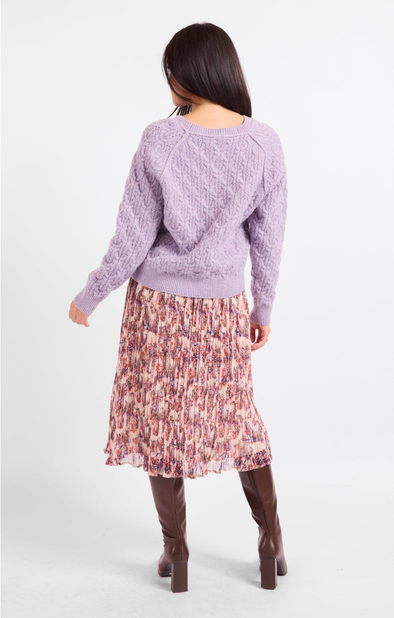 Lavender cable-knit sweater with crew back and ribbed hem, long sleeves (back view)