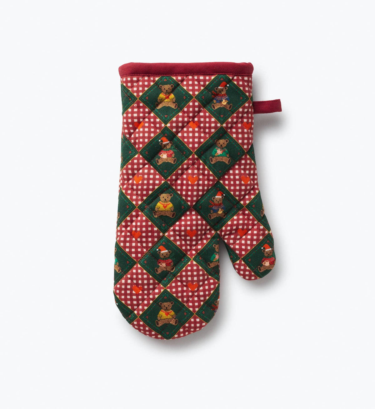 Christmas oven mitt with red-and-green plaid pattern and bear figures, padded with red cuff