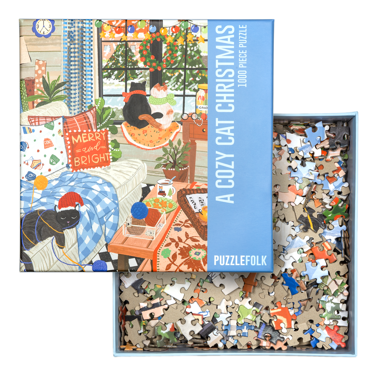 Cozy Cat Christmas 1000-piece puzzle box with open tray of jigsaw pieces