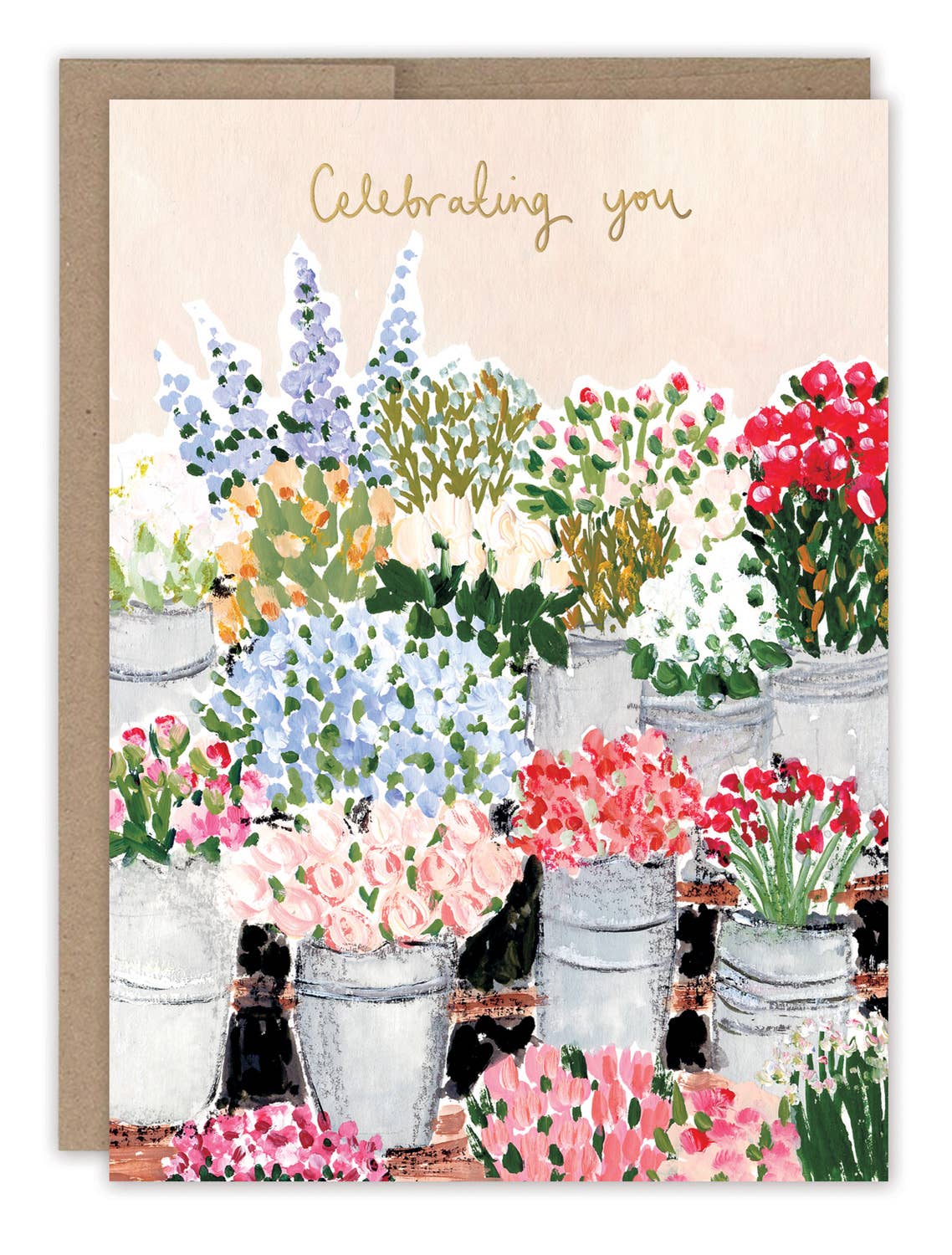 Birthday card with colorful flowers in metal buckets and “Celebrating you” text