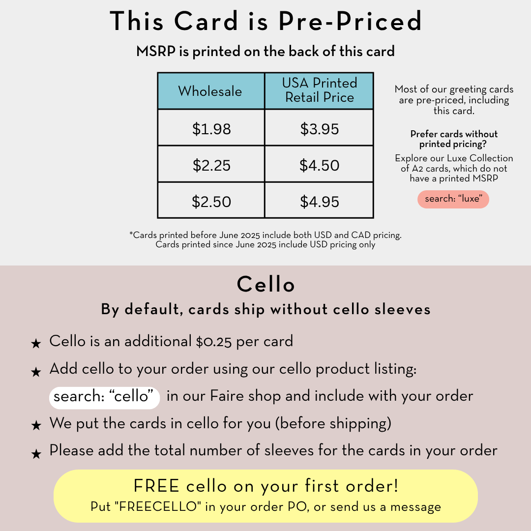 Pre-priced card back showing pricing table and cello shipping information