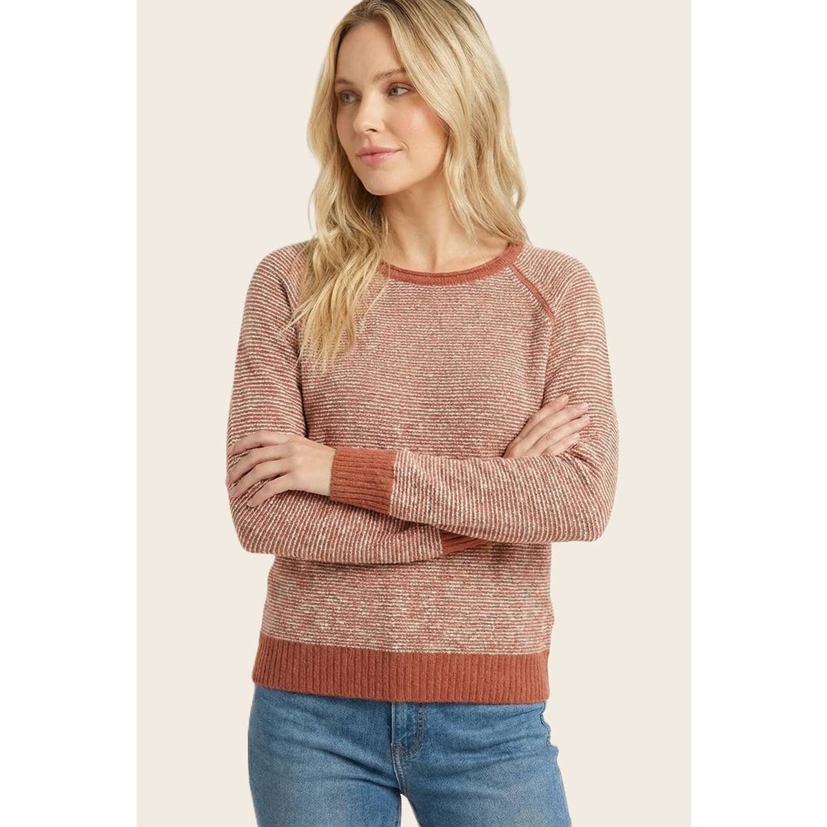 Pinstriped crewneck sweater in rust, long sleeve pullover with ribbed cuffs