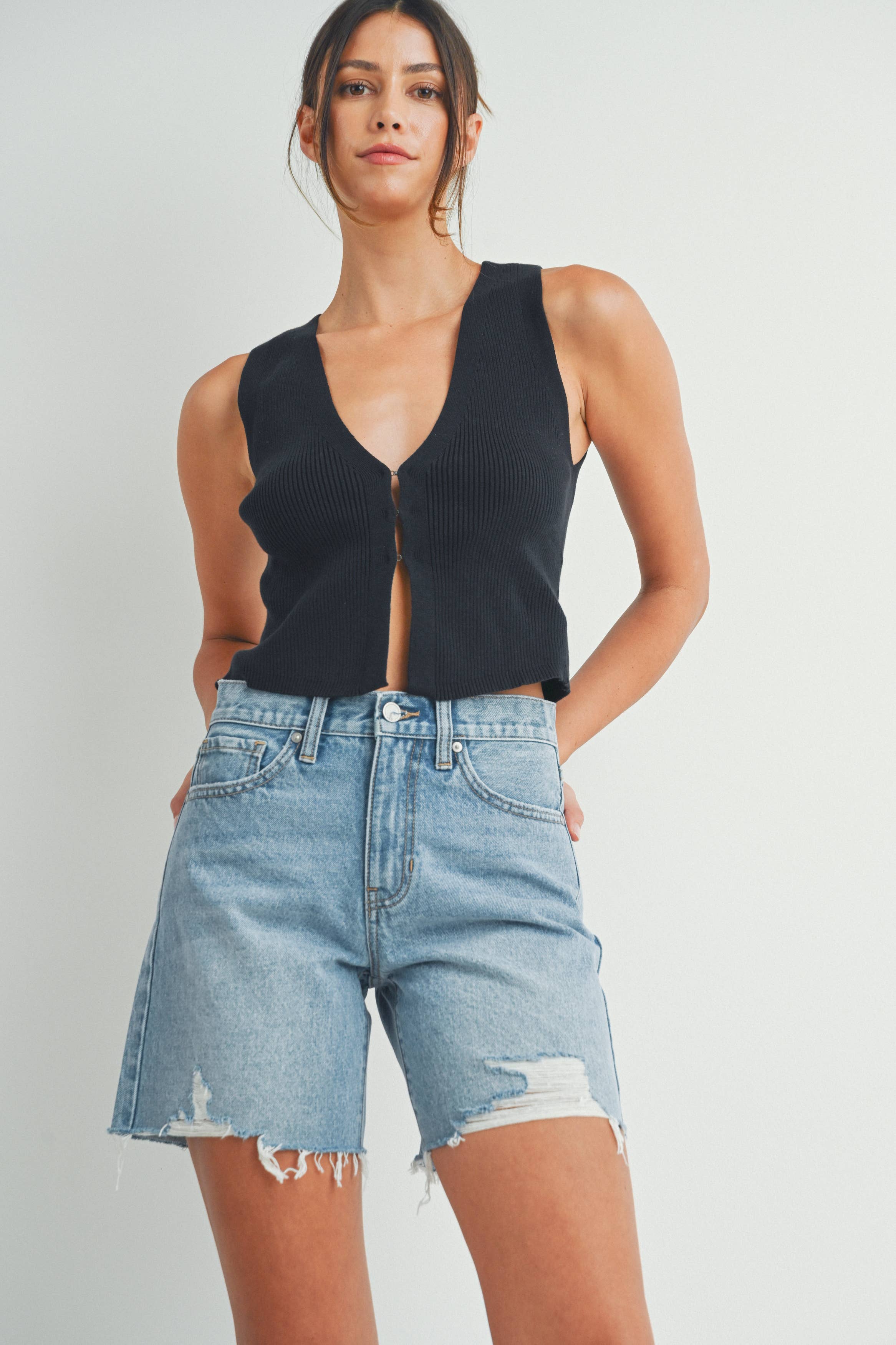 Slightly Distressed Walking Short - Light Denim
