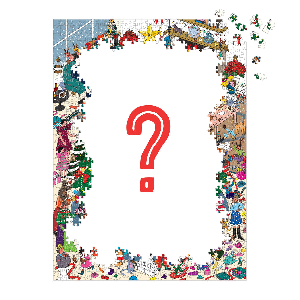 1000-piece jigsaw puzzle showing a mostly assembled festive border around a red question mark