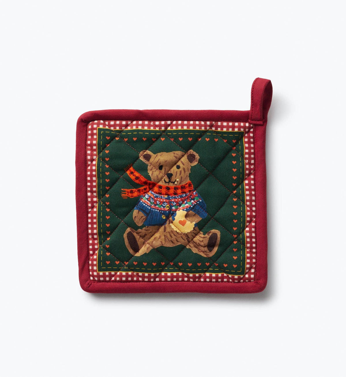 Christmas pot holder with red trim, green quilted center, and teddy bear applique