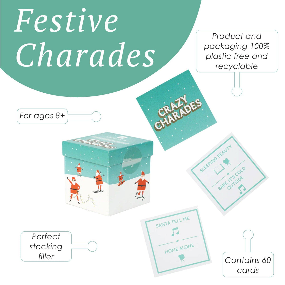 Christmas charades game box with included teal cards and 60-card pack.