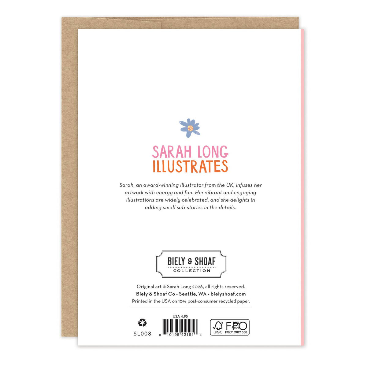 Birthday greeting card back with “Sarah Long Illustrates” credit and printing details