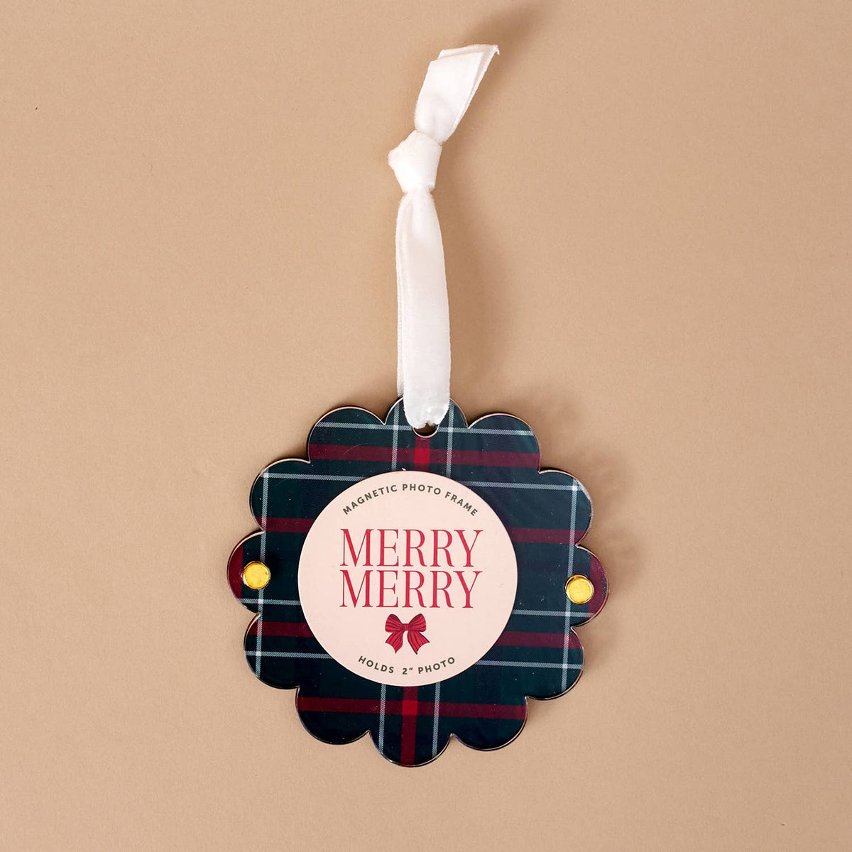 Scalloped photo frame ornament in evergreen plaid with “MERRY MERRY” text and hanging ribbon