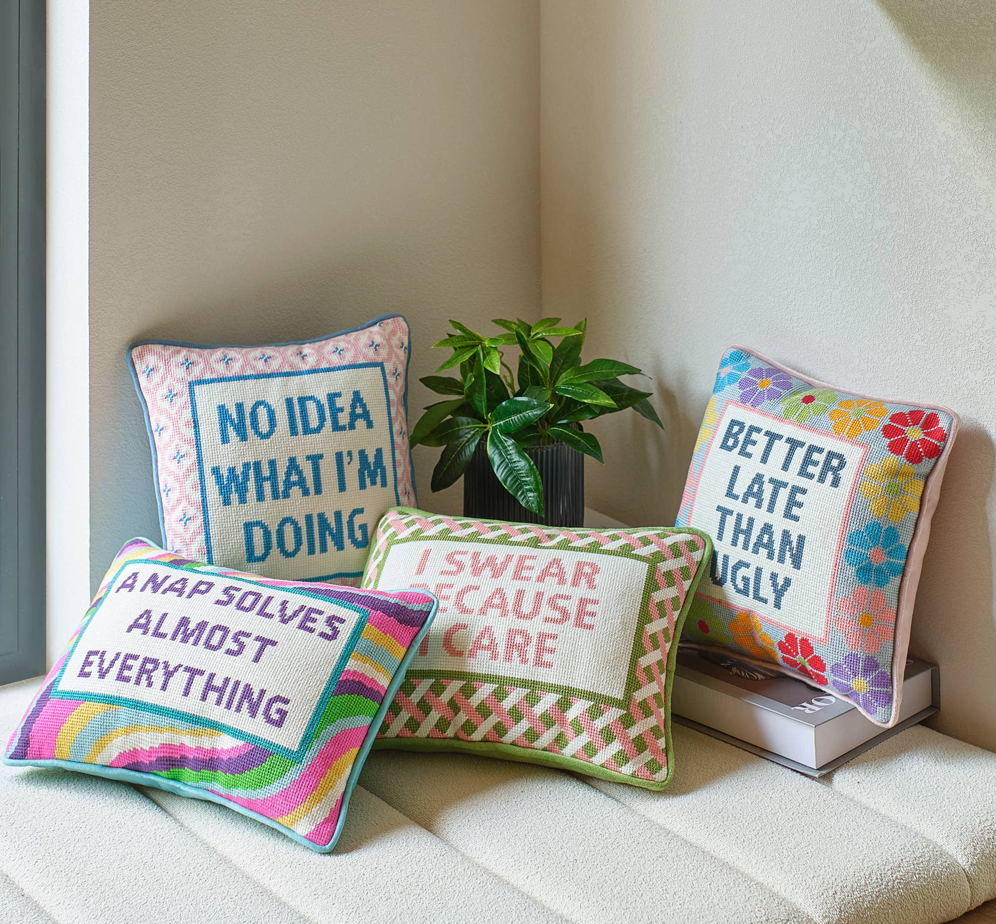 Better Late Than Ugly Needlepoint Pillow