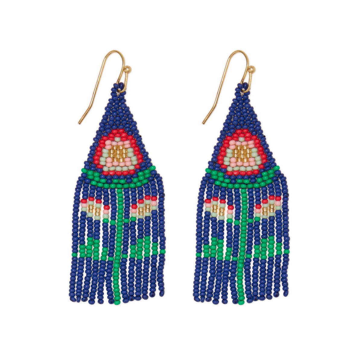 Blue beaded floral tassel earrings with green and pink accents, gold hooks