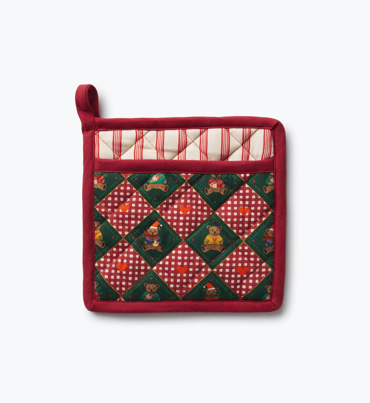 Christmas pot holder with red binding, quilted green diamond pattern, and bear motifs