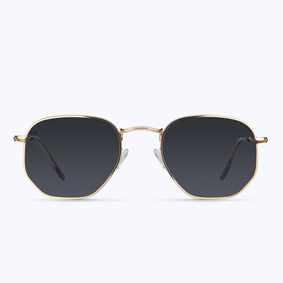 Gold-tone carbon frame sunglasses with dark lenses, front view