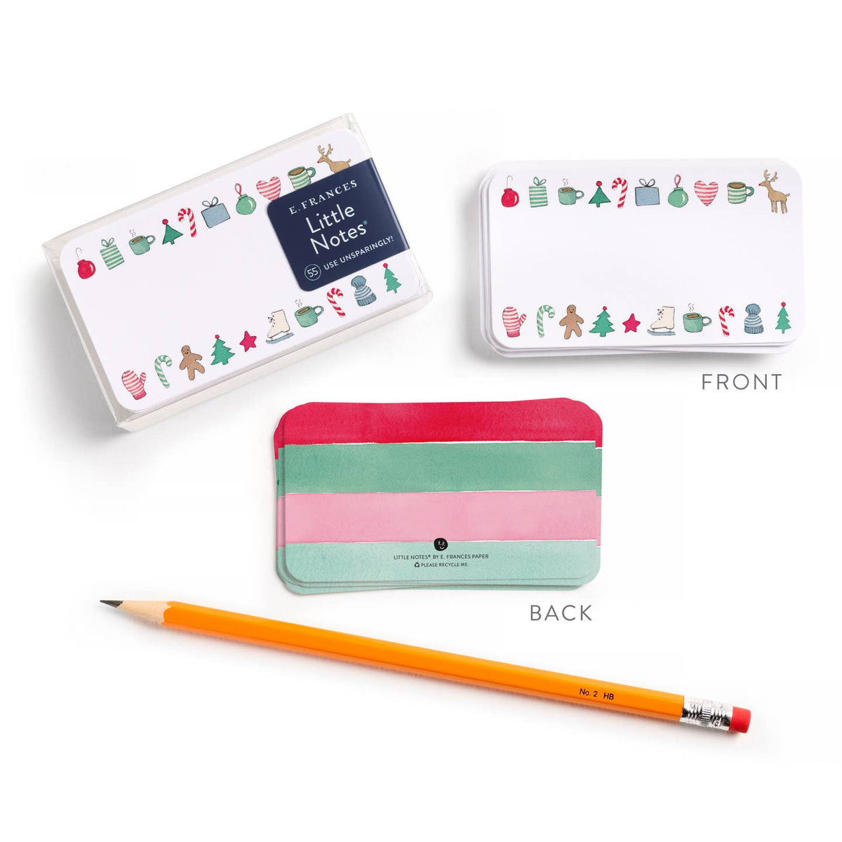 Holiday-themed note cards showing front and back, E. Frances Little Notes