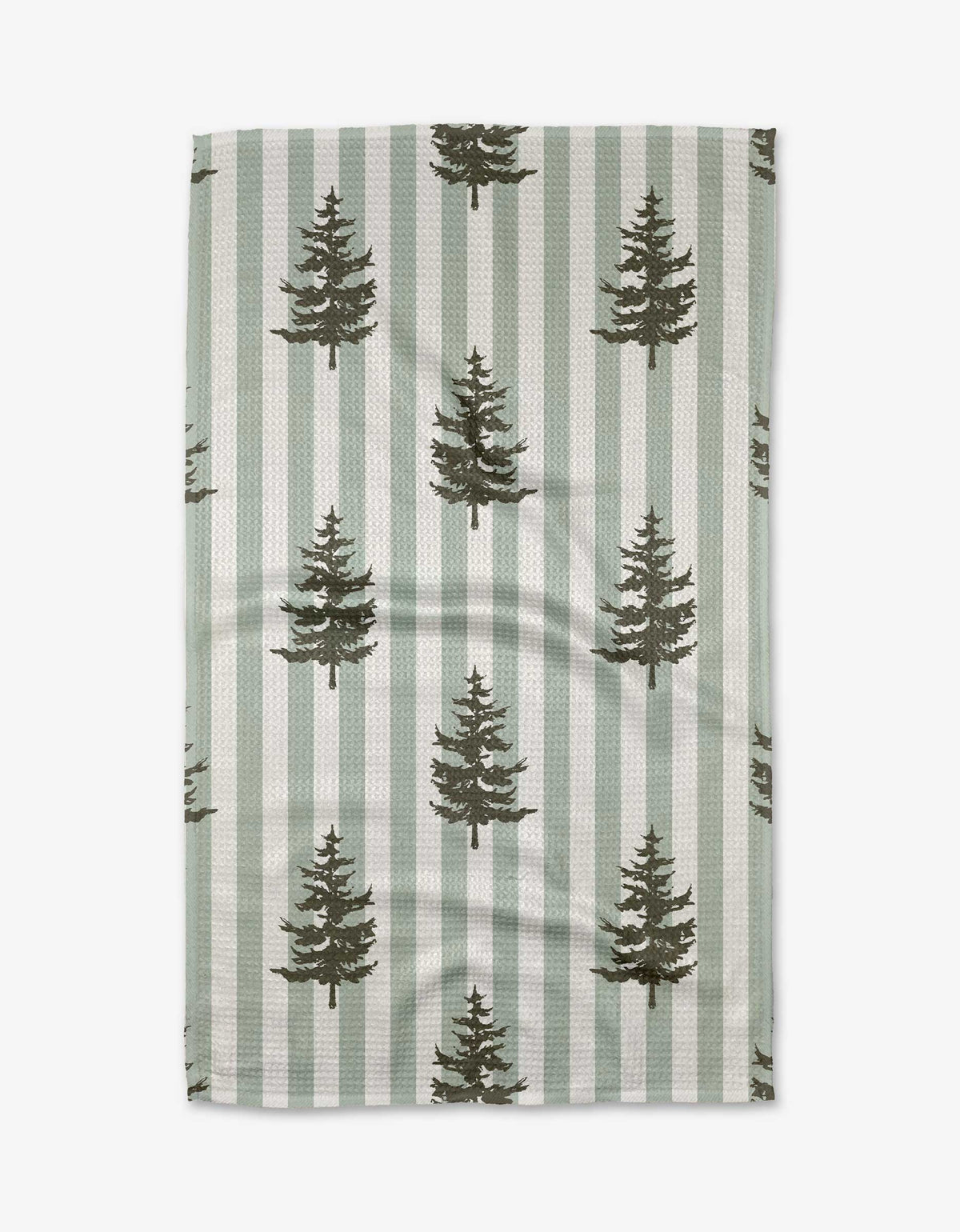 Fir Real tea towel with green and white stripes and fir tree print